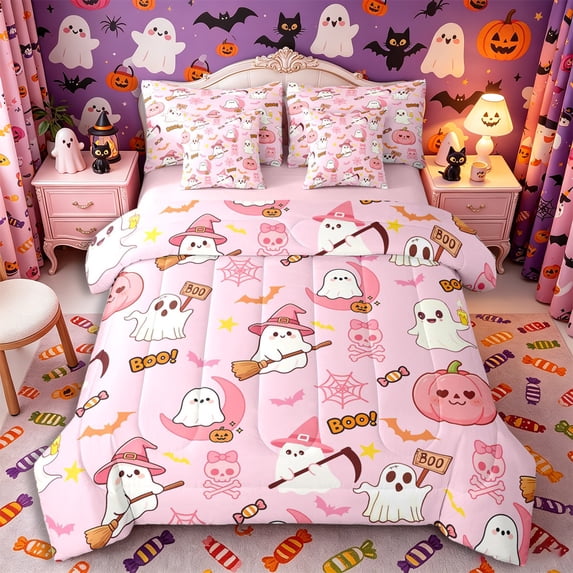 Manfei Halloween Pumpkin Skull Ghost Full Size Bedding Sets 7 Pieces, Spooky Animal Full Size Bed in a Bag,Pink Reversible