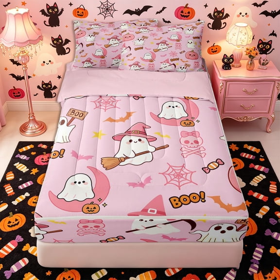 Manfei Halloween Pumpkin Skull Ghost Zipper Twin Comforter Sets with Fitted Sheet and 2 Pillowcases, Spooky Animal Zipper Bedding Set,Pink Reversible,4pcs