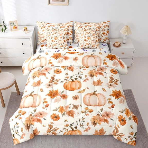Manfei Halloween Pumpkin Twin Bedding Sets 7pcs,Autumn Fall Leaves Bedding Comforter Set 7pcs,Orange White Sheet Sets,Breathable Bedroom Decoration Reversible
