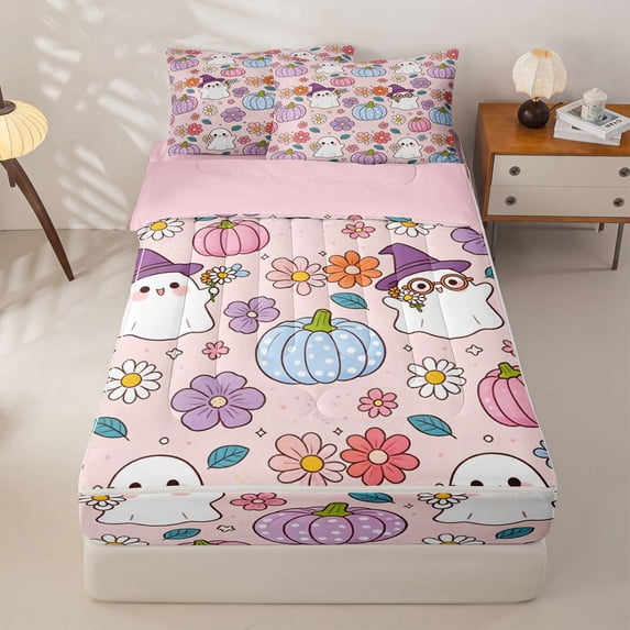 Manfei Halloween Pumpkin Zipper Full Size Comforter Sets with Fitted Sheet and 2 Pillowcases,Lovely Ghosts Floral Zipper Bedding Set,Beige,Pink Reversible,4pcs