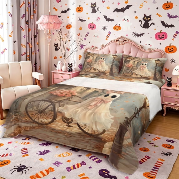 Manfei Halloween Romantic Ghost Bed Sheets 4-Piece, Autumn Rose Leaves Full Size Sheets, Brown Orange Pink,1 Fitted Sheet, 1 Flat Sheet and 2 Pillowcases