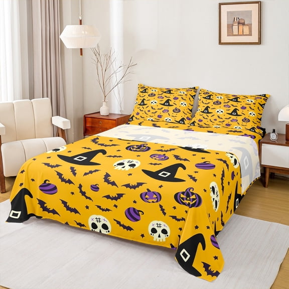 Manfei Halloween Sheet Set Queen for Teens, Spooky Bat Print Bed Sheets Set Queen Size, Skull Skeleton Queen Sheet Sets, Microfiber Room Decoration, 4pcs