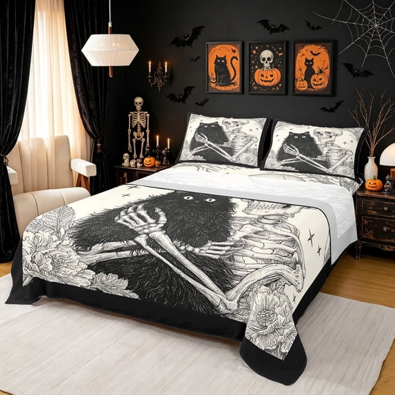 Manfei Halloween Skeleton Art King Sheets, Black Cat Bedding, Black Cream, 4 Pieces, 1 Flat Sheet, 1 Fitted Sheet and 2 Pillowcases