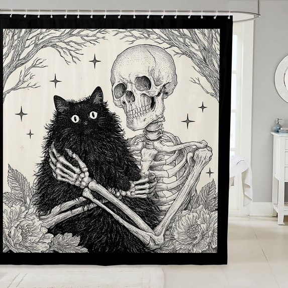 Manfei Halloween Skeleton Art Shower Curtain 72Wx84L, Black Cat Bathroom Shower Curtain, Black Cream