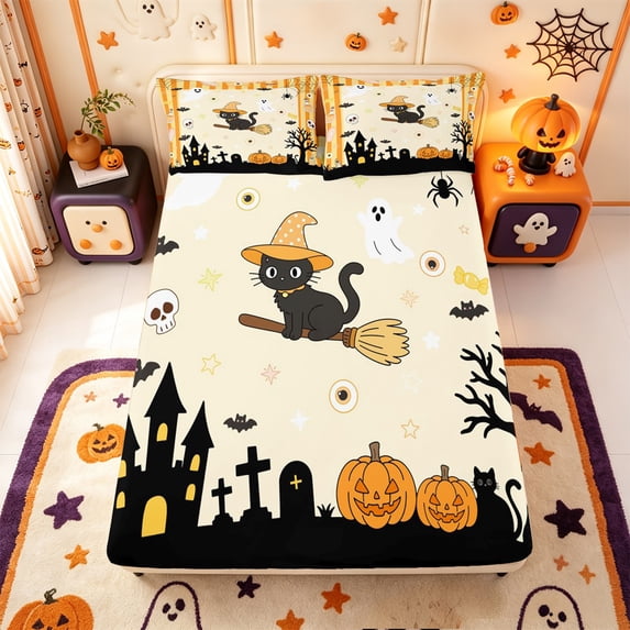 Manfei Halloween Skeleton Pattern Fitted Sheet Full,Magic Witch Cat Bed Set,3 Pieces,1 Fitted Sheet and 2 Pillowcases