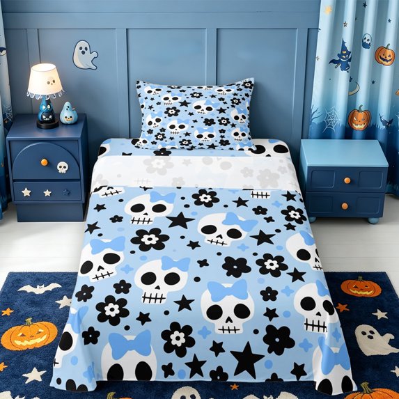 Manfei Halloween Skeleton Pattern Twin Sheets,Cartoon Cute Floral Bedding,3 Pieces,1 Flat Sheet,1 Fitted Sheet and 1 Pillowcase