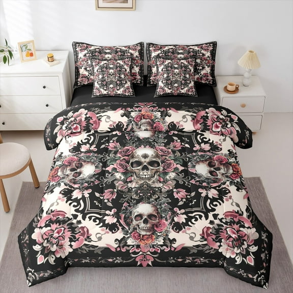 Manfei Halloween Skeleton Twin Bedding Sets 7-Piece,Retro Damask Print Bedding Comforter Set,Pink Flower Floral Sheet Sets For Children,Ultra Soft Home Decor Reversible