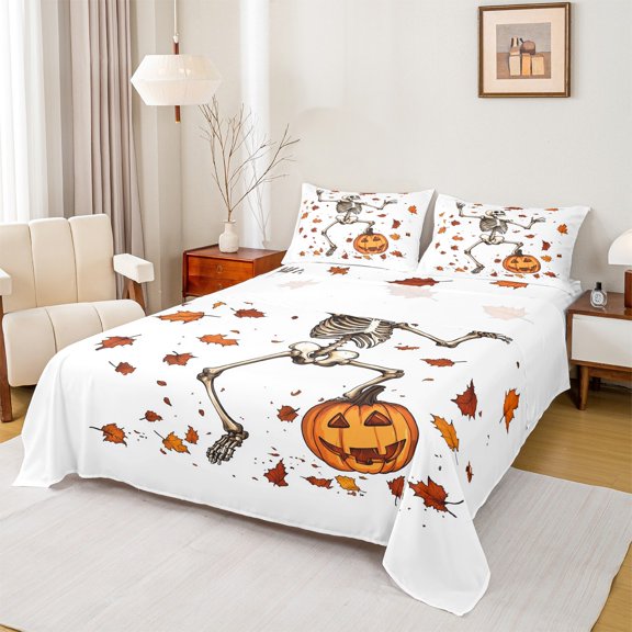 Manfei Halloween Skeleton Twin Sheet Sets,Orange Pumpkin Lantern Twin Fitted Sheet,Autumn Fall Maples Flat Sheet For Girl Kids,Super Cozy Room Decor,3pcs