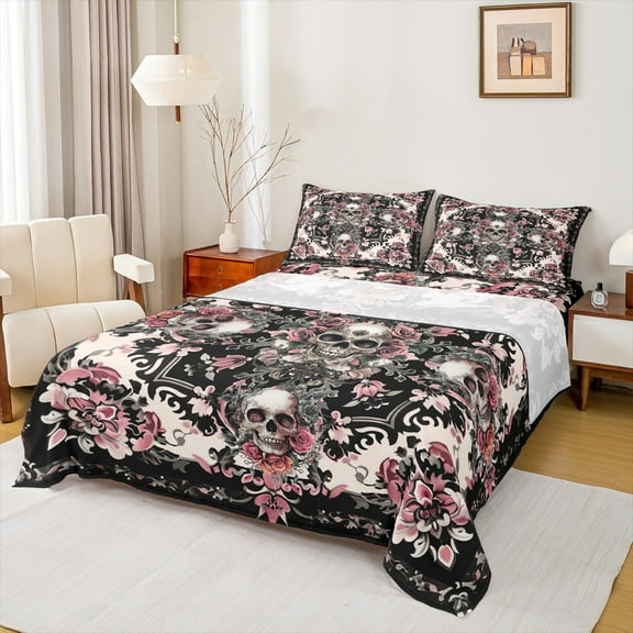 Manfei Halloween Skeleton Twin Sheet Sets,Retro Damask Print Twin Fitted Sheet,Pink Flower Floral Flat Sheet For Children,Ultra Soft Home Decor,3 Pieces