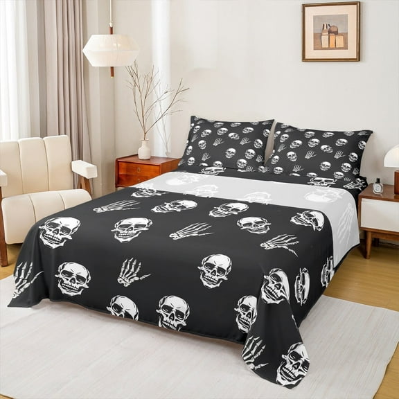 Manfei Halloween Skull 4 Pieces Queen Sheet Sets,Exotic Style Ultra Soft Flat Sheet,Black White Queen Fitted Sheet,Ultra Soft Gothic Bedroom Decorative