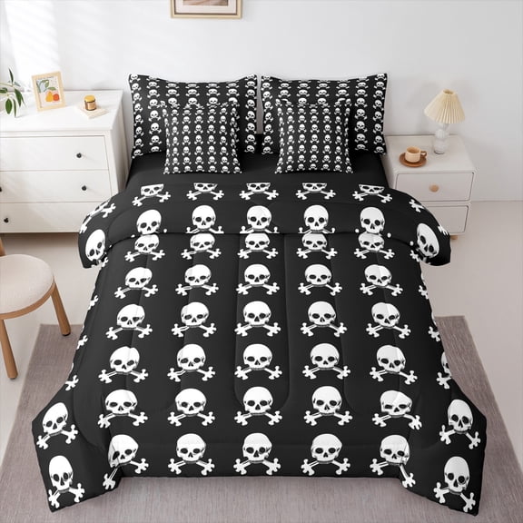 Manfei Halloween Skull 7-Piece Bedding Comforter Set,Gothic Skeleton King Bedding Sets,White Black Bed Sheets For Children,Breathable Home Decor Reversible