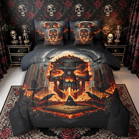Manfei Halloween Skull 7-Piece Twin Bedding, Gothic Castle Floral Crow Bedding Comforter Set, Black Orange Red,Black Reversible