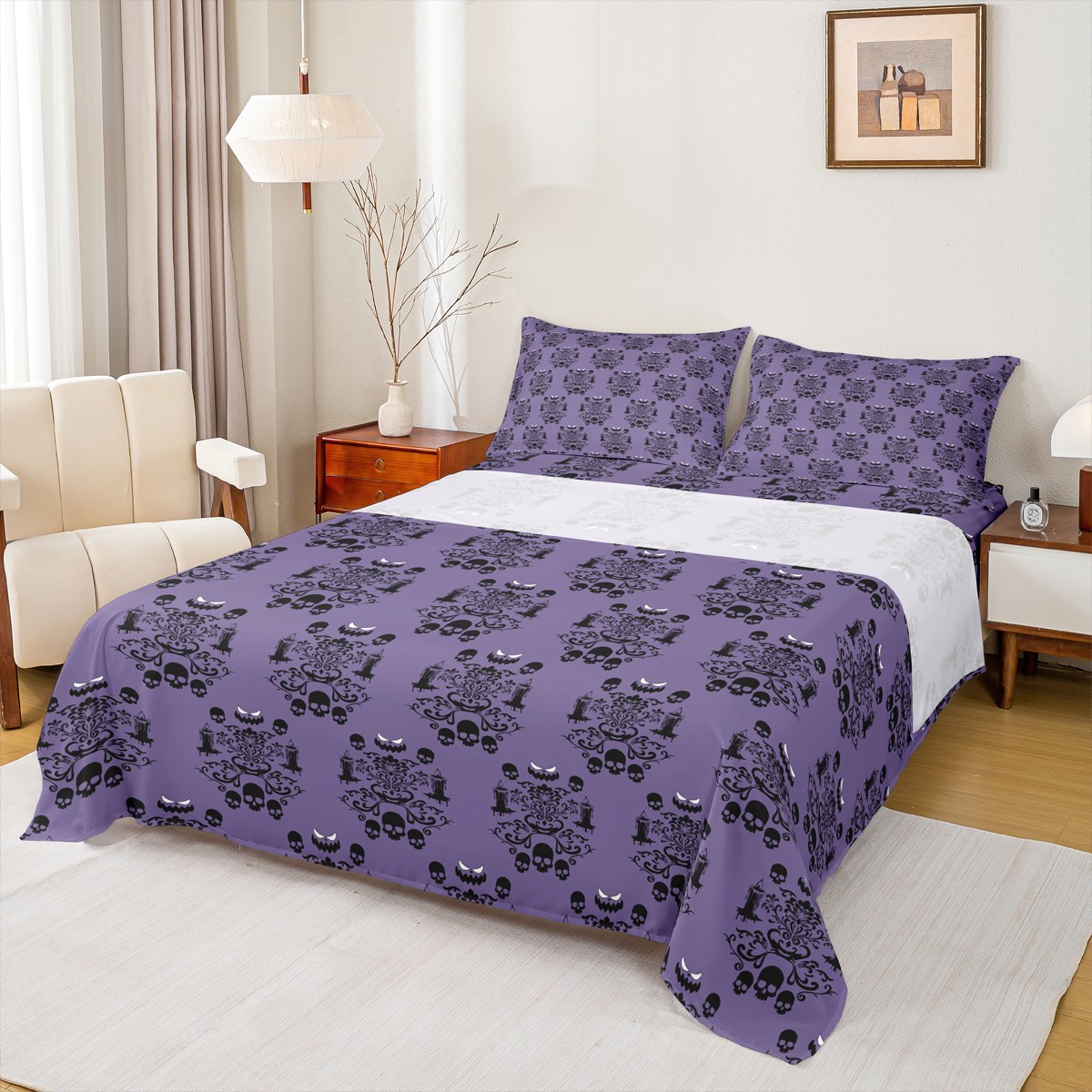 Manfei Halloween Skull Bed Sheets King,Damask Flower Bedding King Size ...