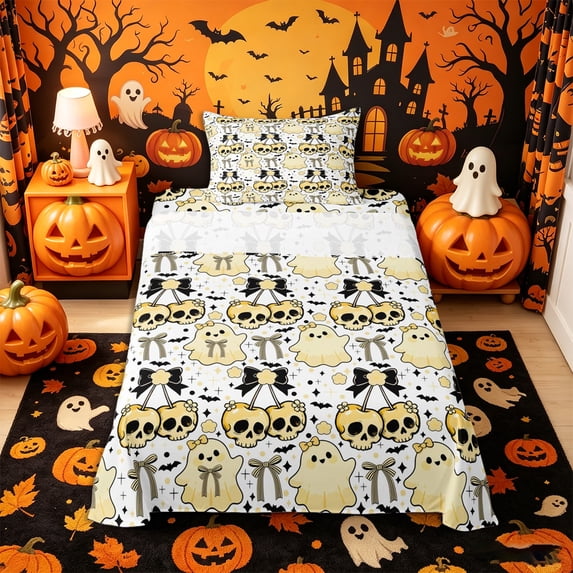 Manfei Halloween Skull Cherry Twin Sheets 3pcs, Kawaii Floral Ghost Bow Bat Bedding, Yellow White Black,1 Fitted Sheet, 1 Flat Sheet and 1 Pillowcase