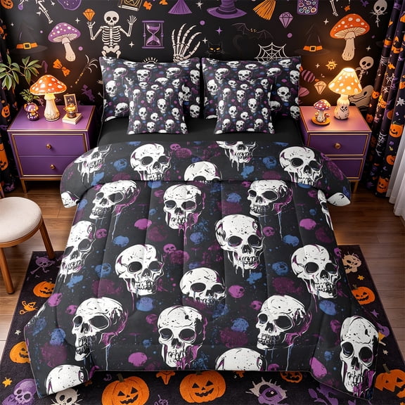 Manfei Halloween Skull Queen Bedding 7pcs, Gothic Graffiti Bedding Comforter Set Queen, Black Purple Blue,Black Reversible