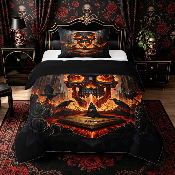 Manfei Halloween Skull Twin Comforter Sets 2pcs, Gothic Castle Floral Crow Bedding Set, Black Orange Red,Black Reversible,1 Comforter and 1 Pillowcase