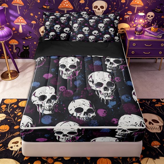 Manfei Halloween Skull Zipper Full Size Comforter Sets with Fitted Sheet and 2 Pillowcases, Gothic Graffiti Zipper Bedding Set, Black Purple Blue,Black Reversible,4pcs