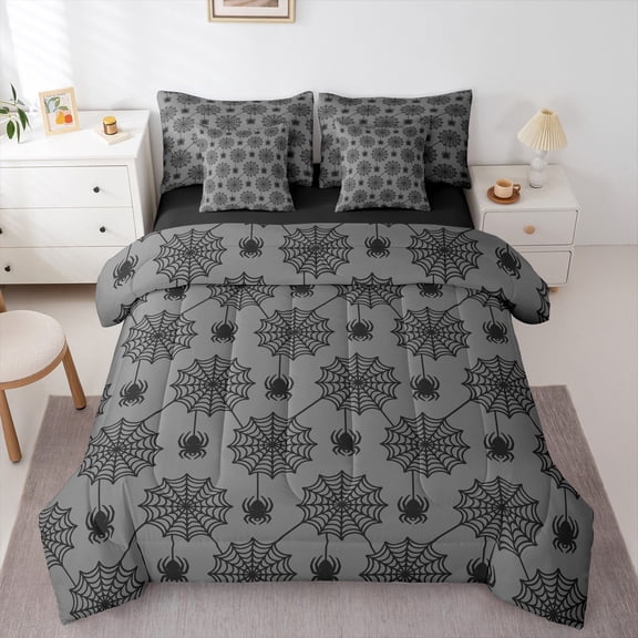 Manfei Halloween Spider Web 7-Piece Twin Bedding Sets,Trick Or Treat Bedding Comforter Set,Gray Black Sheet Sets For Children,Microfiber Bedroom Decor Reversible