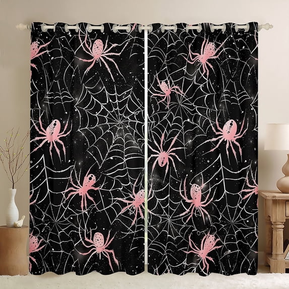 Manfei Halloween Spider Web Black Out Curtains,Trick Or Treat Curtains Pack of 2 (42x63 Each),Pink Black Bedroom Curtains For Children,Microfiber Bedroom Decor
