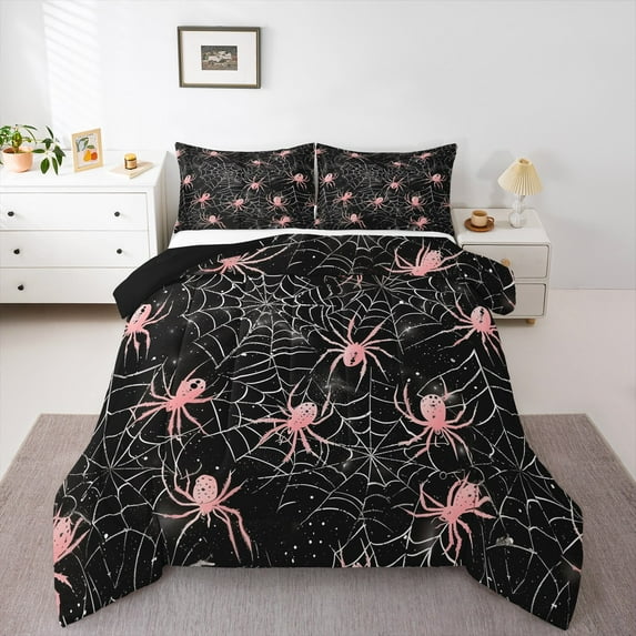 Manfei Halloween Spider Web King Size Comforter Sets,Trick Or Treat Bedding Comforter Set,Pink Black Bedding Set For Children,Microfiber Bedroom Decor Reversible,3-Piece
