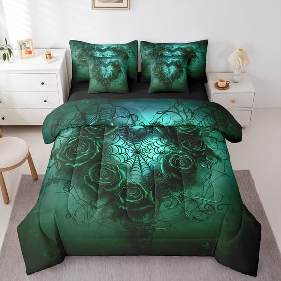 Manfei Halloween Spider Webs 7-Piece Twin Bedding Sets,Retro Flower Floral Bedding Comforter Set,Green Gothic Style Sheet Sets For Girl Kids,Ultra Soft Home Decor Reversible