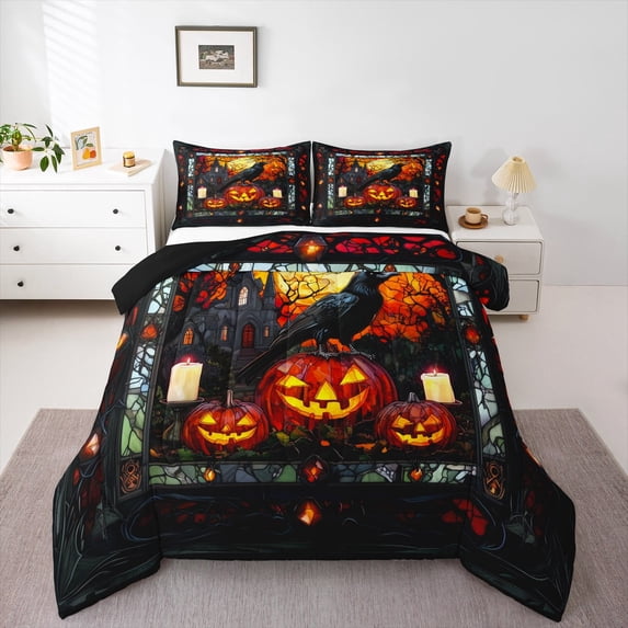 Manfei Halloween Spooky Pumpkin Bedding Comforter Set for Kids, Black Crow Animal Twin Comforter Sets, Horror Gothic Castle Reversible Bedding Set, Luxury Bedroom Decor, 2 Pieces