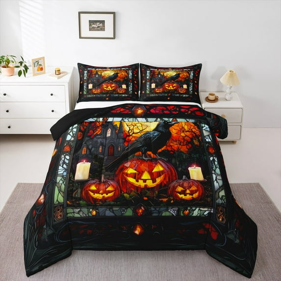 Manfei Halloween Spooky Pumpkin Full Size Comforter Sets for Kids, Black Crow Animal Bedding Comforter Set, Horror Gothic Castle Reversible Bedding Sets, Luxury Bedroom Decor, 3 Pieces