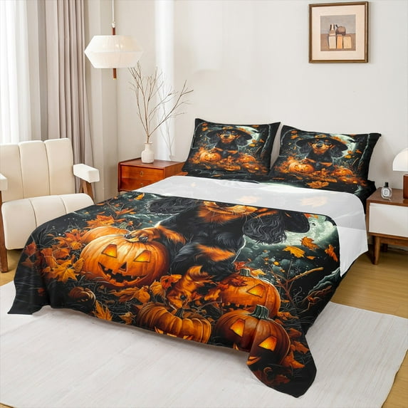 Manfei Halloween Spooky Pumpkin Queen Sheet Sets,Lovely Dachshund Bedding Queen Size,Autumn Orange Leaves Bed Sheets Set Queen Size,Super Cozy Bedroom Decorative,4 Pieces