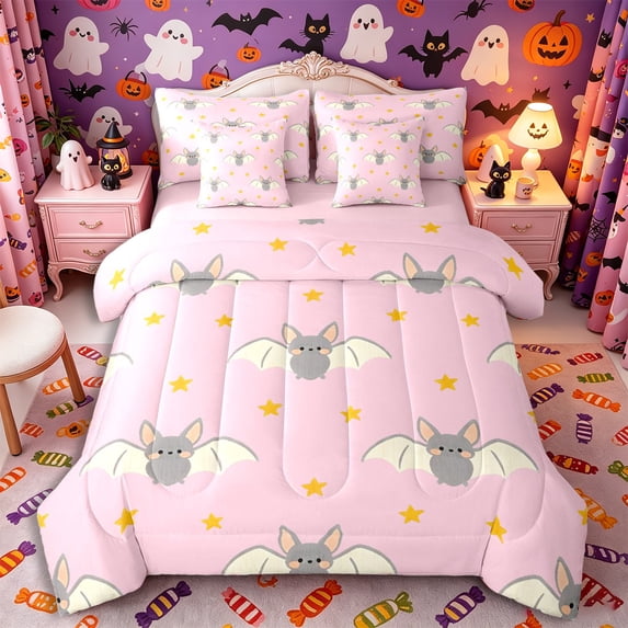 Manfei Halloween Sweet Flying Bat Full Size Bedding Sets 7 Pieces, Gothic Animal Full Size Bed in a Bag, Pink Gray Yellow,Pink Reversible