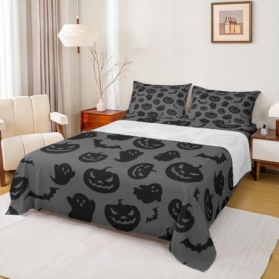 Manfei Halloween Theme Bed Sheets Full,Ghost Pumpkin Silhouette Bedding Full Size,Black Gray Sheet Set Full,Microfiber Room Decorative,4pcs