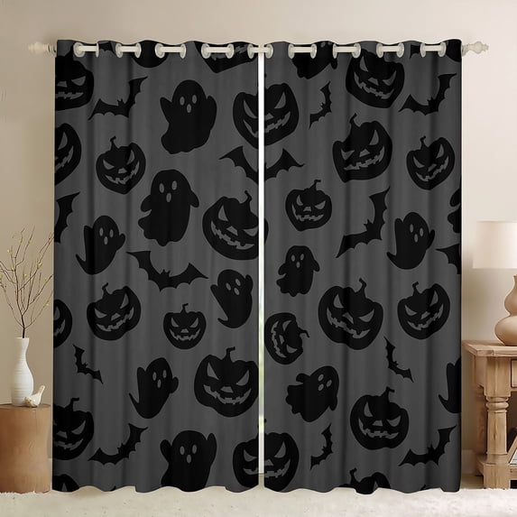 Manfei Halloween Theme Curtains and Drapes (42x63),Ghost Pumpkin Silhouette Blackout Curtains for Bedroom,Black Gray Curtains Pack of 2 (42x63),Microfiber Room Decorative
