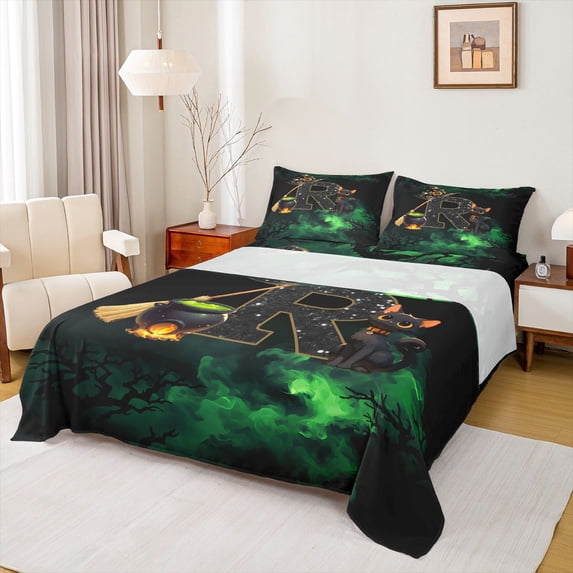Manfei Halloween Themed Cats Bed Sheets,Cartoon Alphabet R Full Size Sheets,Green,4pcs,1 Flat Sheet, 1 Fitted Sheet and 2 Pillowcases