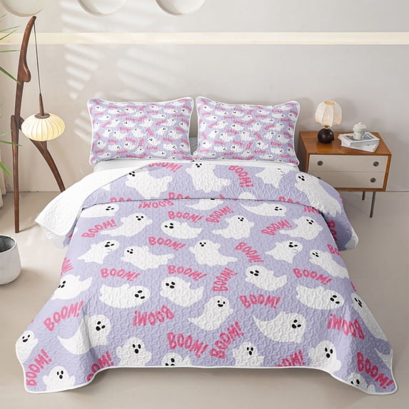 Manfei Halloween Themed Ghosts Twin Quilt Set,Lovely Initial Twin Coverlet Set,Gray,2-Piece