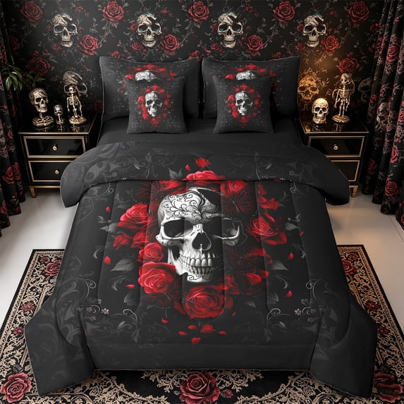 Manfei Halloween Victorian Damask Skull Rose Queen Bedding 7pcs, Gothic Floral Butterfly Bedding Comforter Set Queen, Black Red White,Black Reversible