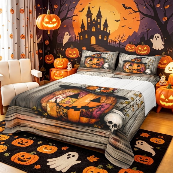 Manfei Halloween Vintage Patchwork Pumpkin Queen Sheets 4 Pieces, Gothic Witch Hat Skull Flower Queen Sheet Sets, Orange Black Beige,1 Fitted Sheet, 1 Flat Sheet and 2 Pillowcases