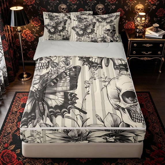 Manfei Halloween Vintage Skull Zipper Full Size Comforter Sets with Fitted Sheet and 2 Pillowcases, Retro Gothic Butterfly Flower Zipper Bedding Set, Cream Black White,Grey Reversible,4pcs