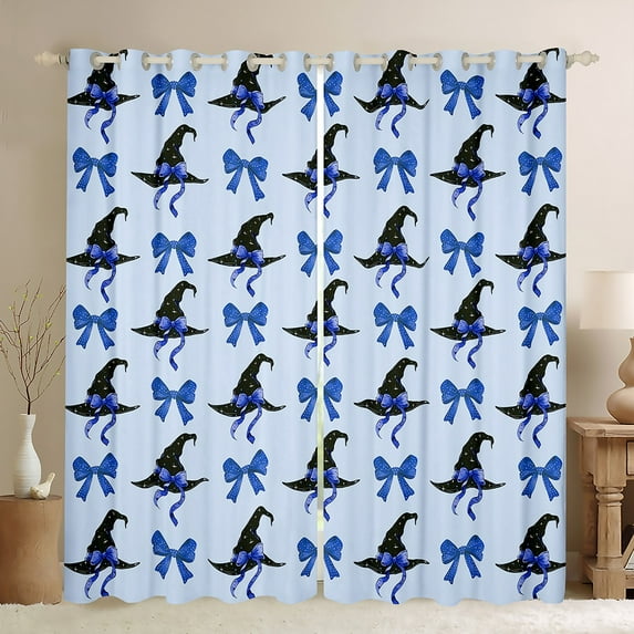 Manfei Halloween Witch Hat Black Out Curtains, Girly Blue Cartoon Curtains Pack of 2 (42x63 Each), Princess Bow-tie Bedroom Curtains, Curtains and Drapes Decor