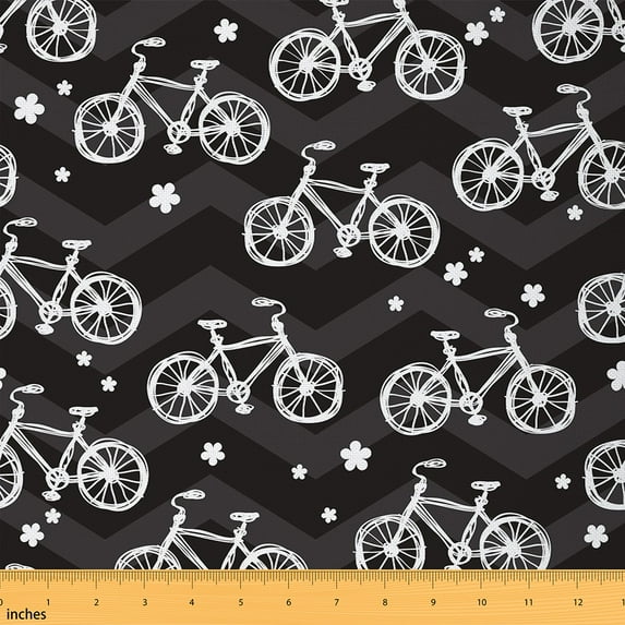 Manfei Hand Drawn Bike Sewing & Crafting Fabric (5 Yards), Cartoon Bicycle Home Decor Fabric by the Yard, Black White DIY Fabric
