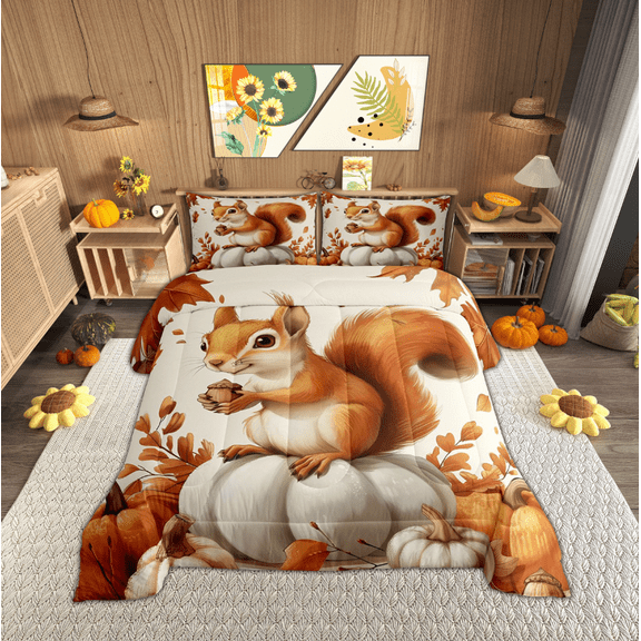 Manfei Happy Autumn Bedding Comforter Set for Kids, Kawaii Squirrel Animal Twin Comforter Sets, Fall Pumpkin Print Bedding Set, Super Cozy Room Decor, 2-Piece
