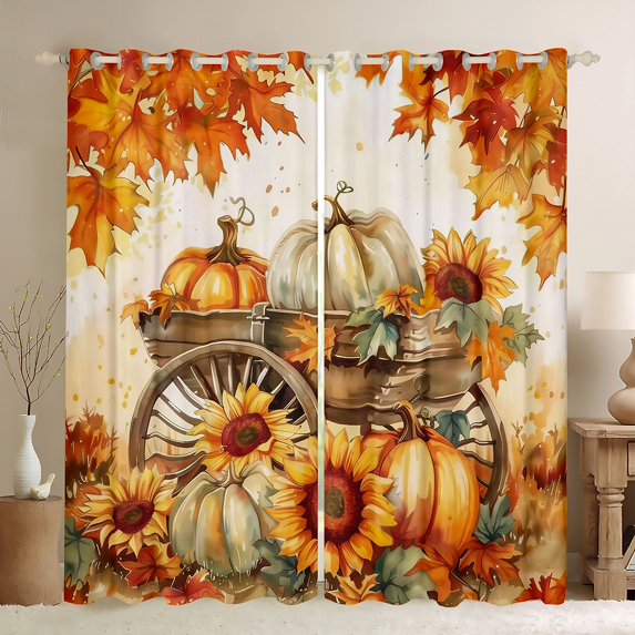 Manfei Happy Autumn Blackout Curtains Set of 2 (52x84 Each) for Kids, Rustic Sunflower Maple Leaf Window Curtains, Fall Pumpkin Print Curtains and Drapes, Curtains and Drapes Room Decor