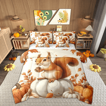 Manfei Happy Autumn Twin Bedding Sets 7-Piece for Kids, Kawaii Squirrel Animal Bedding Comforter Set, Fall Pumpkin Print Sheet Sets, Super Cozy Room Decor