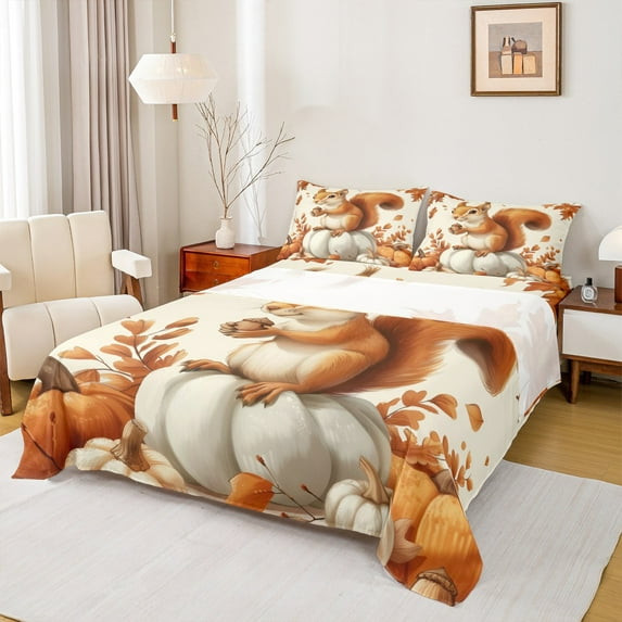 Manfei Happy Autumn Twin Sheet Sets for Kids, Kawaii Squirrel Animal Twin Fitted Sheet, Fall Pumpkin Print Flat Sheet, Super Cozy Room Decor, 3-Piece
