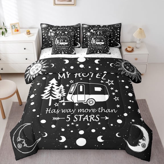 Manfei Happy Camping 7-Piece Bedding Comforter Set,Galaxy Starry Sky King Bedding Sets,Boho bohemian Sun Moon Bed Sheets For Children,Microfiber Bedroom Decor
