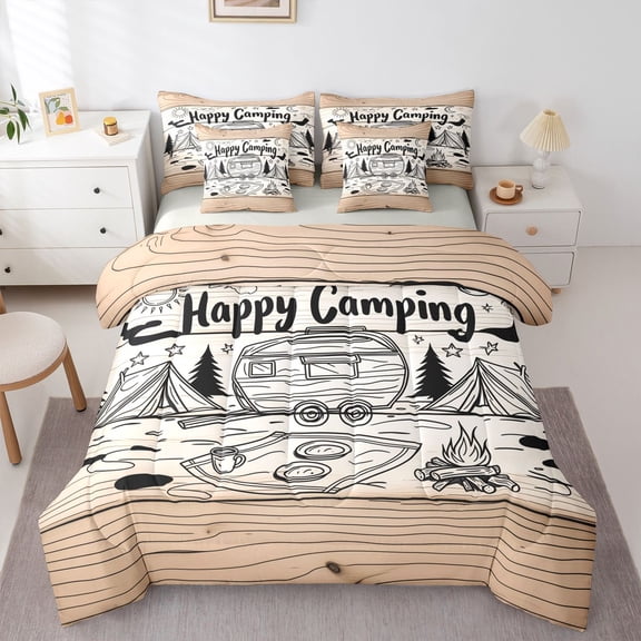 Manfei Happy Camping 7-Piece Twin Bedding,Rustic Farmhouse Cabin Bedding Comforter Set,Brown,Light Gray Reversible