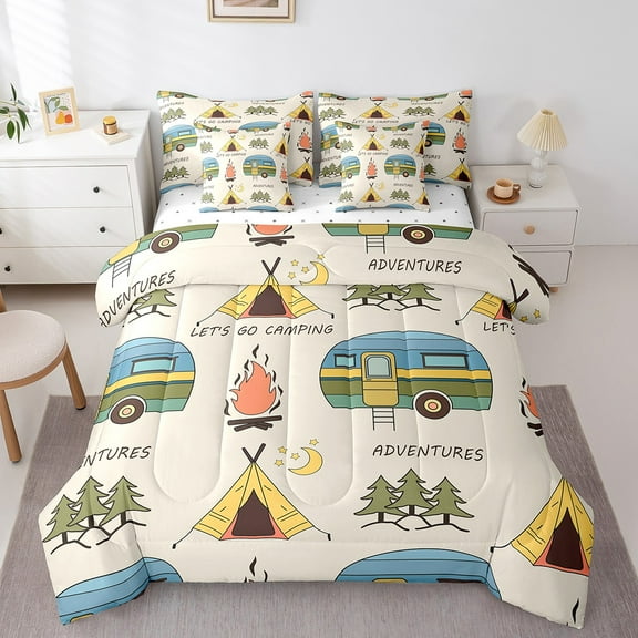 Manfei Happy Camping 7-Piece Twin Bedding Sets,Colorful Camper Rv Bedding Comforter Set,Outdoor Adventure Sheet Sets For Kids,Breathable Home Decor