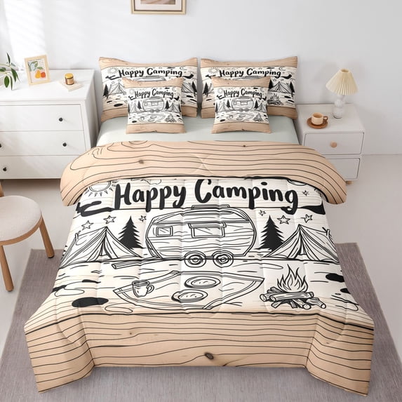 Manfei Happy Camping 7pcs Queen Bedding,Rustic Farmhouse Cabin Bedding Comforter Set Queen,Brown,Light Gray Reversible