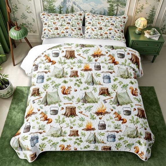 Manfei Happy Camping Bed Spread Queen 3pcs,Jungle Squirrel Queen Coverlet Set,White Sage,1 Quilt and 2 Pillowcases