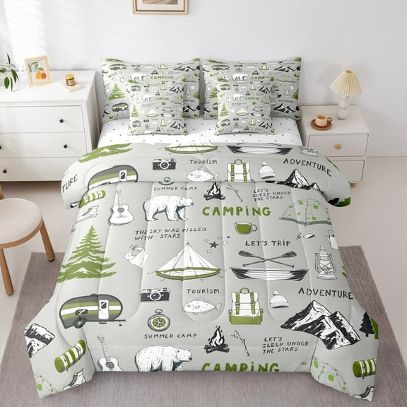 Manfei Happy Camping Bedding Comforter Set 7-Piece,Jungle Animal Bear King Bedding Sets,Rustic Farmhouse Cabin Bed Sheets For Teens,Microfiber Bedroom Decor Reversible