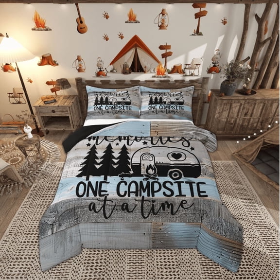 Feelyou Happy Camping Bedding Comforter Set, Rustic Adventure Twin Comforter Sets, Wooden Plank Bedding Set, Breathable Room Decoration, 2-Piece