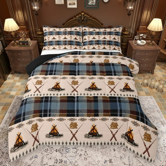 Manfei Happy Camping Bedding Comforter Set,Rustic Hunting Twin Comforter Sets,Rustic Farmhouse Cabin Bedding Set For Boys Teens,Microfiber Bedroom Decor Reversible,2-Piece